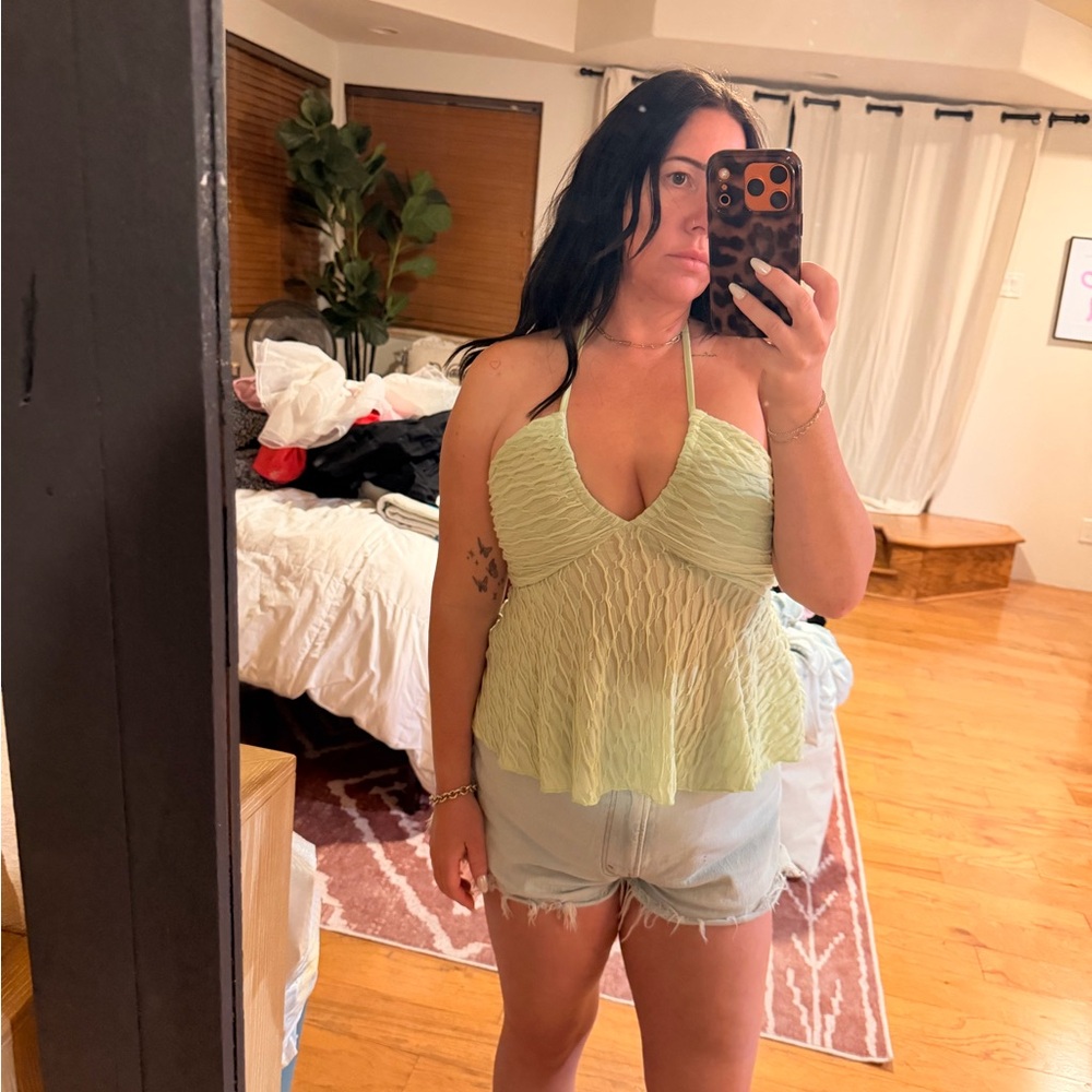 SHEIN Light Green Crinkle Halter Ruffle Cami